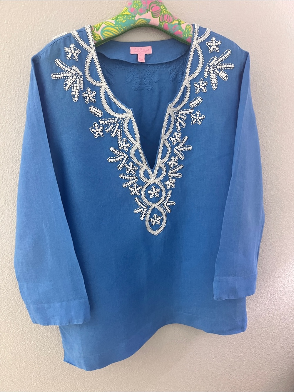 MINT Lilly Pulitzer Amelia Island Women LINEN TUNIC Top BEADED Resort LARGE - Picture 2 of 10